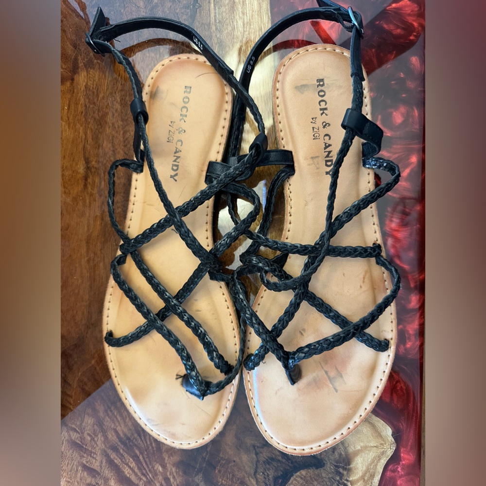 Rock & Candy by Zigi Women's Black Braided Strappy Sandals Size 8.5